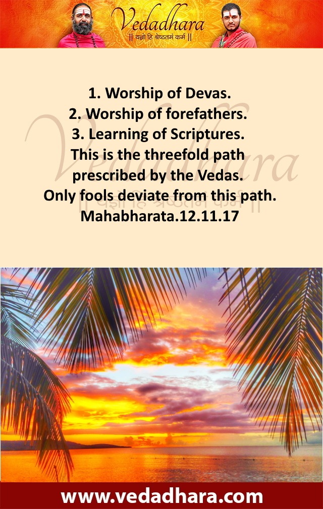 1. Worship of Devas. 2. Worship of forefathers. 3. Learning of Scriptures. This is the threefold path prescribed by the Vedas. Only fools deviate from this path. Mahabharata.12.11.17